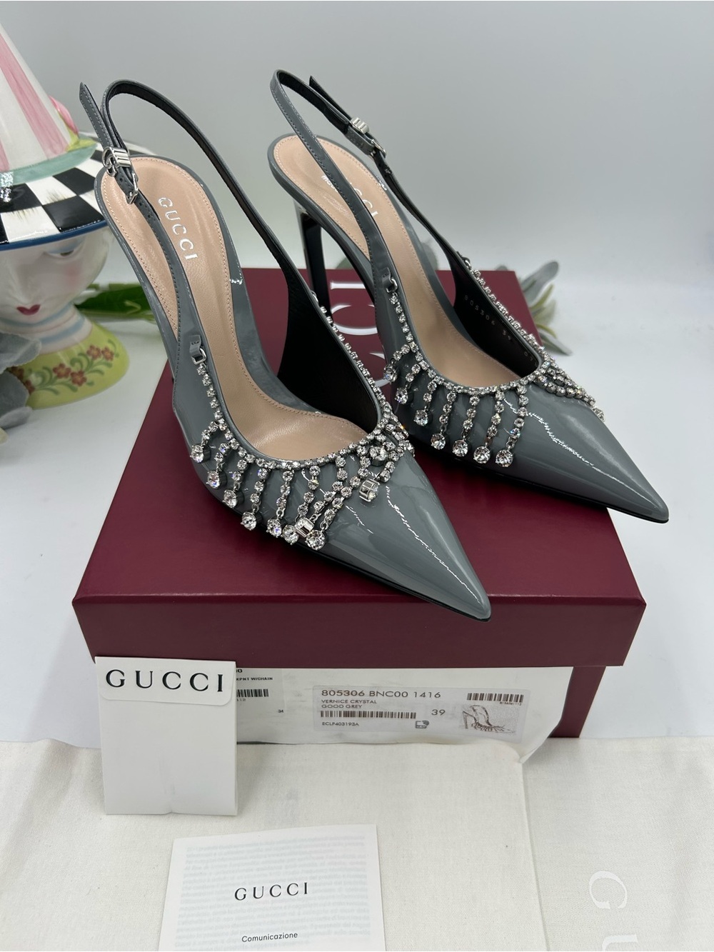 Women's Gucci Guinevere crystal chain sling back pumps size 39 made in Italy